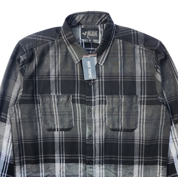 Hot Topic XXX Rude Black & Grey Spray Ombre Plaid Button Up Shirt - Picture 5 of 6